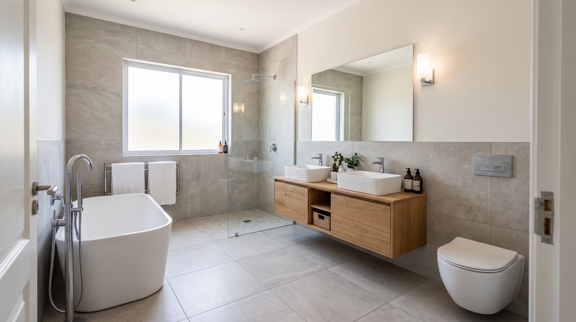Bagno completo ristrutturato, doccia walk-in e mobile in legno