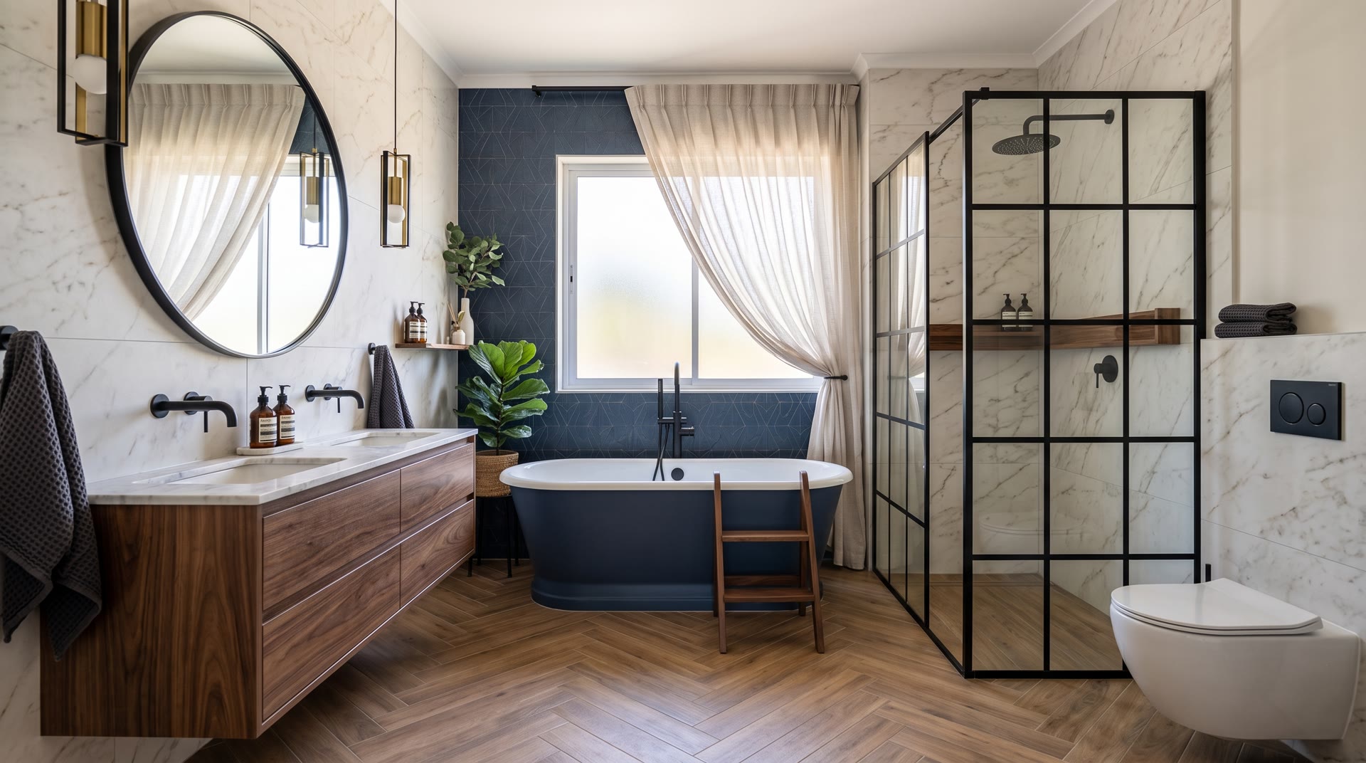 Bagno ristrutturato con vasca e pavimento in legno