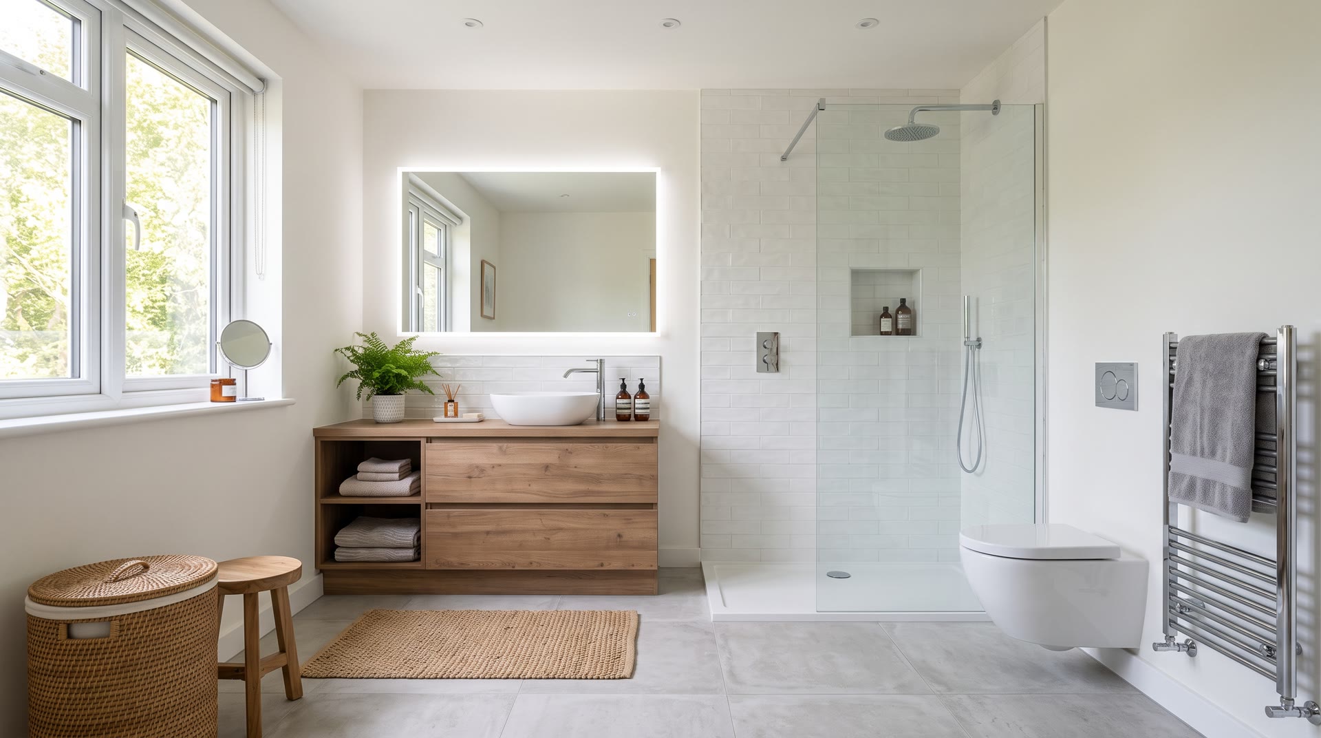 Bagno ristrutturato con doccia in cristallo e mobile sospeso